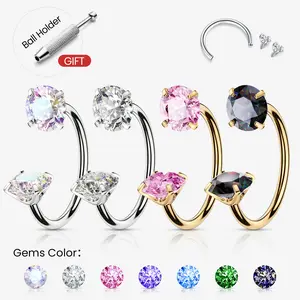 2PCS Titanium 20G/18G/16G Horseshoe Nose Ring(Free Ball Holder) Internally Threaded Gems,Earring Daith Cartilage Helix,Piercing Jewelry