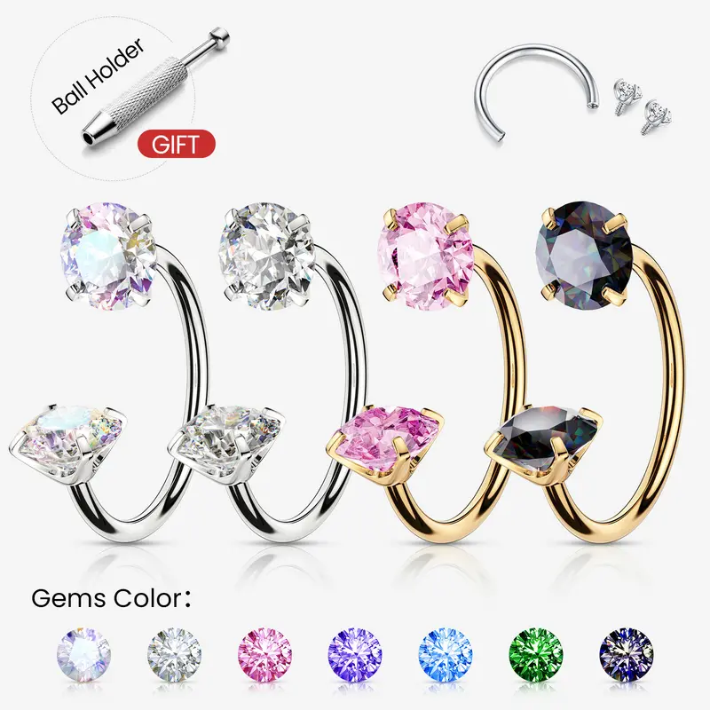 2PCS Titanium 20G/18G/16G Horseshoe Nose Ring(Free Ball Holder) Internally Threaded Gems,Earring Daith Cartilage Helix,Piercing Jewelry
