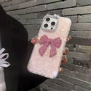 Laser-Cut Heart-Shaped Bow Phone Case For iPhone 17 16 15 14 Plus 13 12 Pro Max – Full-Diamond Bow Case