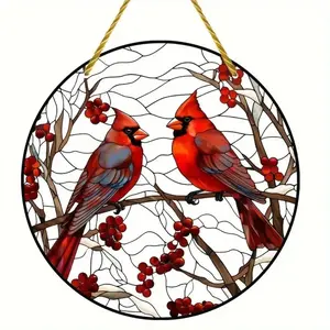 Cardinal Bird Pattern Round Suncatcher, Cardinal Bird Hanging Decor, Acrylic Hanging Ornament for Home Living Room Bedroom, Hangable