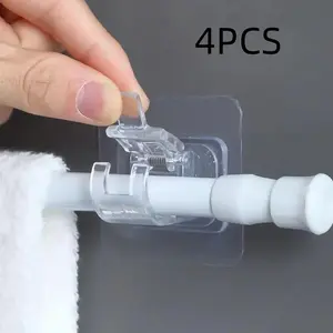 Self-Adhesive Curtain Rod Bracket, 4 No-Drill Curtain Hook Set, Transparent Bathroom Kitchen Home Storage Essentials, Must-Have Household Items, Strong Adhesive