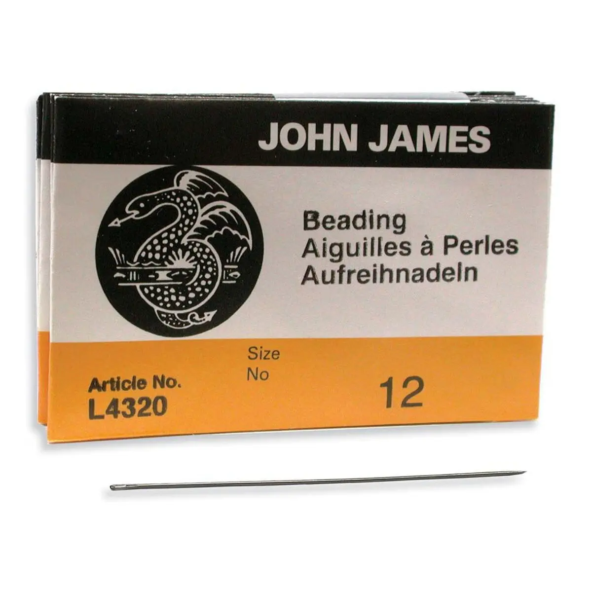 John James English Steel Wire Beading Needles - Size 12 Long, Fine, Stiff, 25-Count Set for Fine Seed Beads Crafting Hand Sewing, 25 Needles