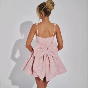 SparklySequinHomecomingDressesforTeenswithBowSpaghettiStrapShortPromDressesPrincessCocktailPartyGown
