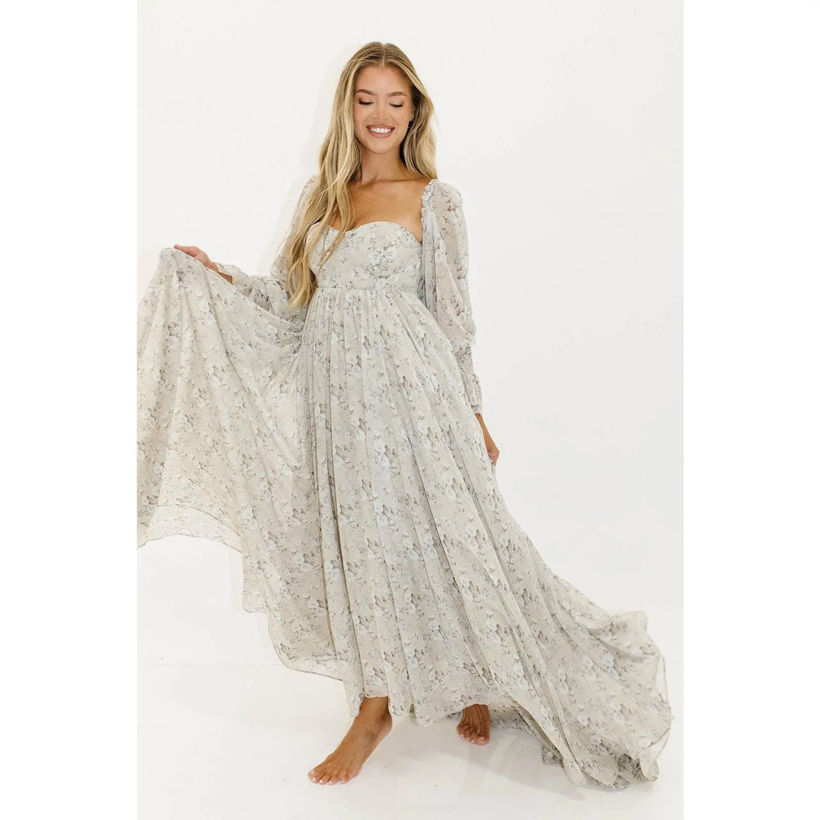 Delilah Maxi Dress with Train in Grey/Blue - Bump Friendly - TikTok Shop