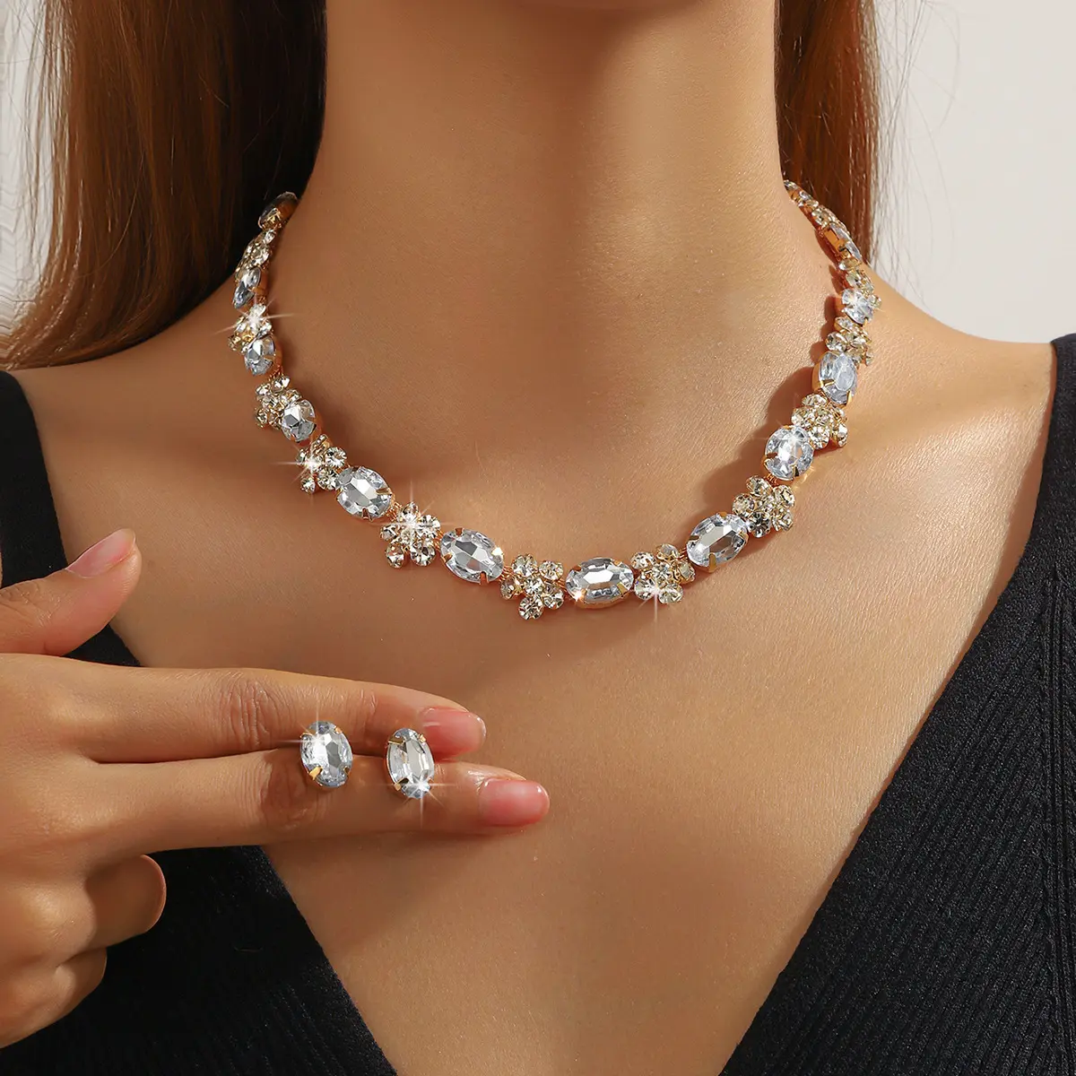 Wedding accessories, Korean-style fashion bridal accessories, silver diamond inlaid necklace, earrings, and bracelet three-piece set, Mother's Day gift, Valentine's Day gift Gold-Plated Crucifix Knot Leather prom ring