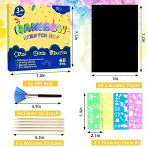 60 Pcs Scratch Art for Kids, Rainbow Scratch Paper, Black Magic Scratch Off Craft Set for 3 4 5 6 7 8 9 10 Years Old Girls and Boys Kids, Party Games Christmas Birthday Easter Gifts