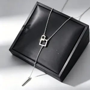 Women's Gold Interlocking Square Y-Drop Necklace - Adjustable 40+5cm Geometric Lariat Pendant, Minimalist Costume Jewelry Gift