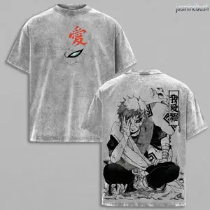 Gaara - Naruto Anime Double Printed Vintage Washed T-Shirt for Anime Fans Unisex Oversize Heavyweight Cotton T-shirt Gift for DWA Menswear Top Tshirt Streetwear Oversized Crewneck Tropical