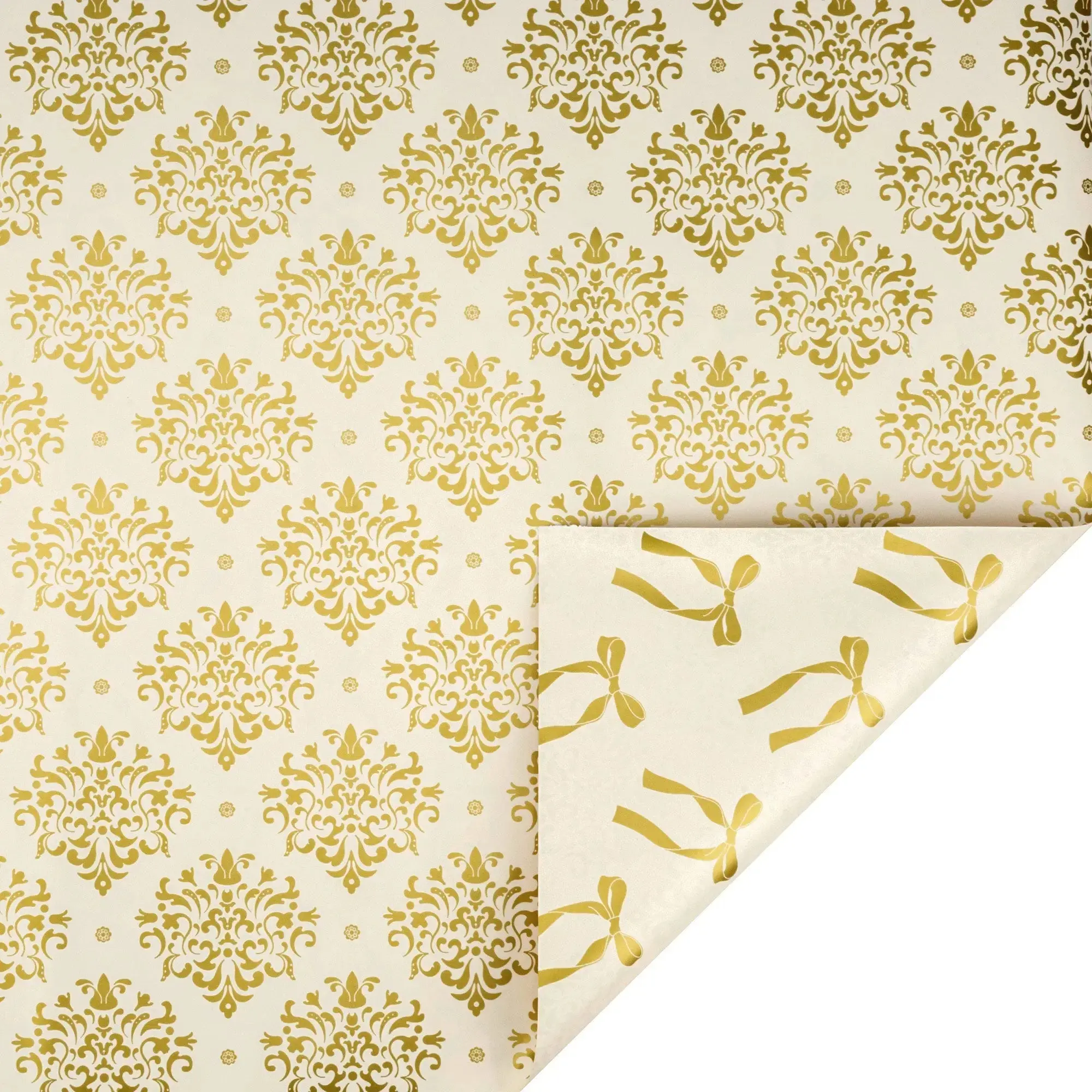 30" x 10' Holiday Reversible Metallic Wrapping Paper | Gold Damask and Gold Bows