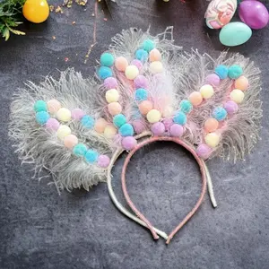 Pom Pom Easter Bunny Ears - Rabbit Ears, Handmade Headpiece, Easter Headpiece, Feather Headband, Easter Headband