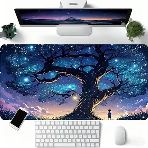 Dreamy Night Tree Desk Mat Gaming Mouse Pad Whimsical Night Sky  Extended Mouse Pad for Laptop Large Mouse Pad for Desk with Non-Slip Rubber Base Stitched Edges Surface Perfect Gift for Gamers Men Women Home Office Desk Accessories