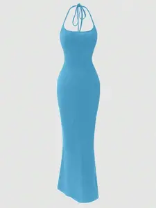Women's Black Halter Mermaid Maxi Dress - Elegant Fitted Evening Gown
