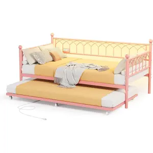 Daybed with Trundle, Metal Twin Trundle Bed with Charging Station & LED with Trundle, Day Bed  Metal Sofa Bed Frame with Pull Out Trundle for Living Room, Bedroom, Apartment and Small Spaces, Purple