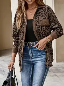 Women's Leopard Print Corduroy Jacket, Button Front Long Sleeve Shirt Collar Coat, Fall Winter Fashion Outerwear for Women