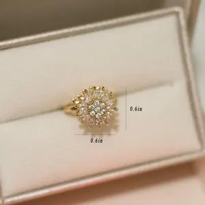Sunflower Anxiety Ring for Women - Adjustable Cubic Zirconia Fidget Spinner Jewelry - Rotating Gold-Plated Copper Band - Perfect Birthday Gift Trendy Jewellery Accessories