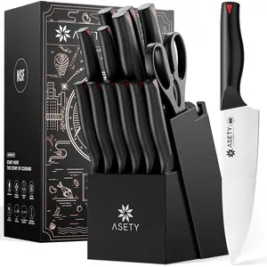 ASETY Knife Set with Block, 15 PCS Kitchen knife Set with Bulti-in Sharpener Block, High Carbon Stainless Steel Sharp Knives Block Set NSF Food Safe Safe Knife for professional kitchen knives Steak meat boning knives mystery box gifts for men White