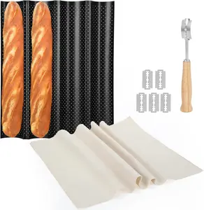 Spmarkt 4-Slot French Baguette Pan Set with Non-Stick French Bread, Proofing Cloth, Bread Lame & Home Baking Tools Kit for Homemade Bread Tin baguette bread pan Baked Sturdy