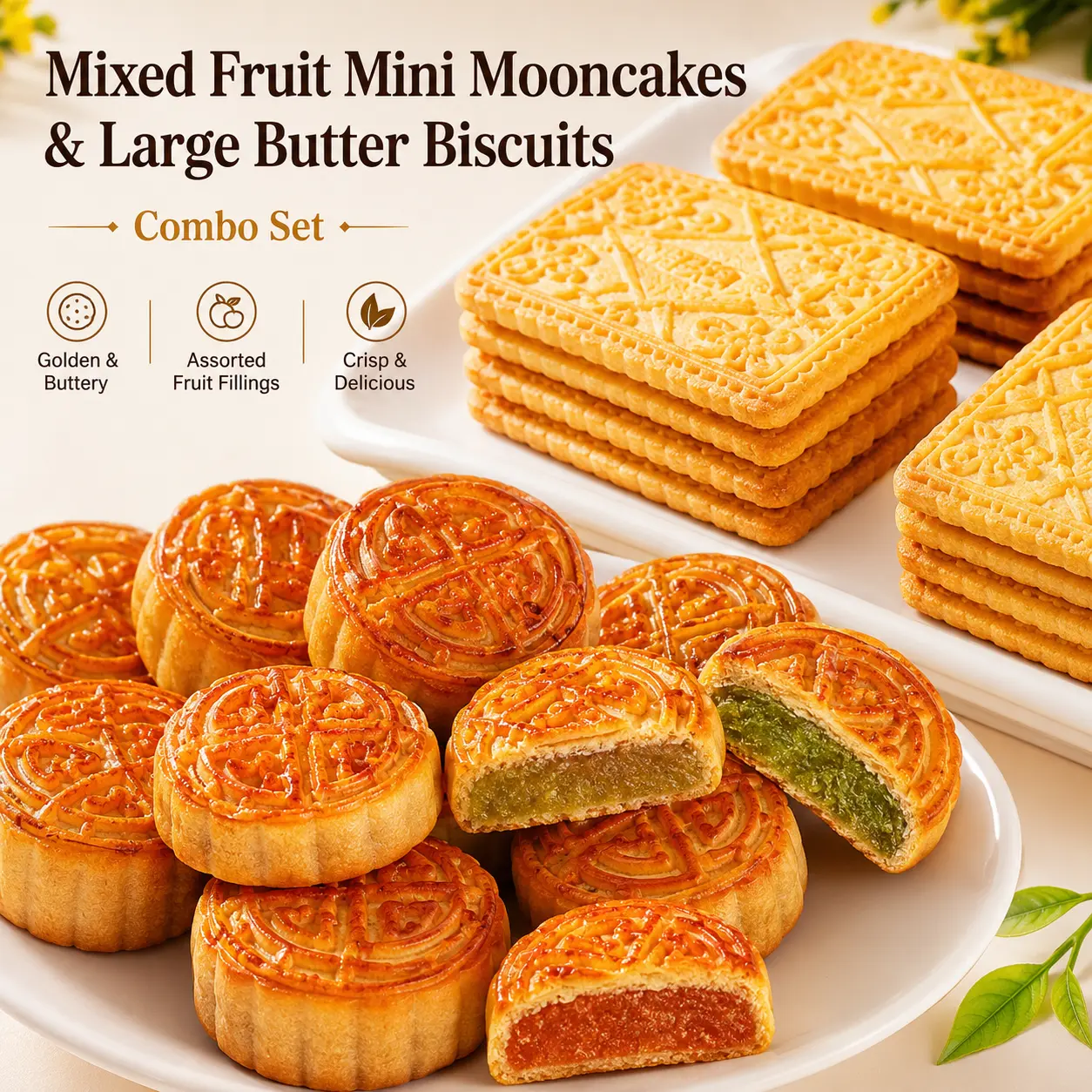 Mixed Fruit Mini Mooncakes & 2 Boxes Big Butter Cookies Gift Set – Assorted Fruit Flavored Soft Pastries+2 Tins of Rich Classic Shortbread Biscuits, Individually Wrapped Snack Duo for Mid-Autumn Festival, Afternoon Tea, Lunch Box & On-the-Go