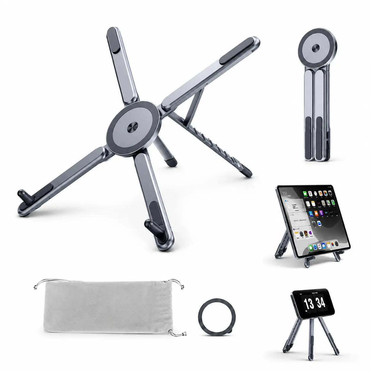 Portable Laptop Stand for Desk, Foldable Adjustable Computer Riser with Magnetic Phone Holder, Aluminum Laptop Stand for 10–16” Laptops & 4–13” Phones/Tablets,Father's Day Gift
