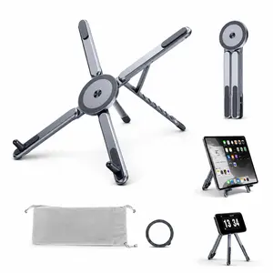 Portable Laptop Stand for Desk, Foldable Adjustable Computer Riser with Magnetic Phone Holder, Aluminum Laptop Stand for 10–16” Laptops & 4–13” Phones/Tablets