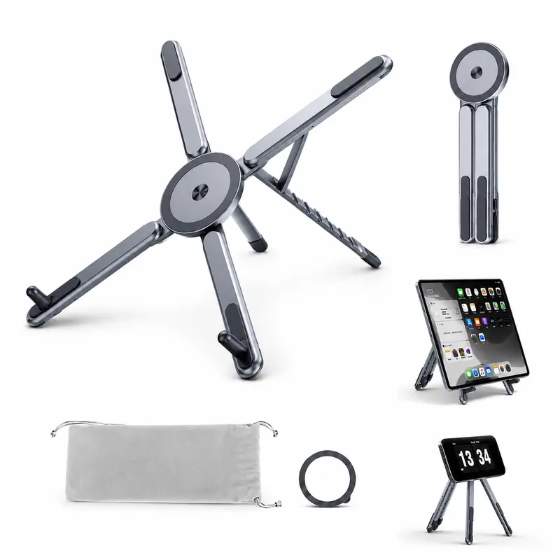 Portable Laptop Stand for Desk, Foldable Adjustable Computer Riser with Magnetic Phone Holder, Aluminum Laptop Stand for 10–16” Laptops & 4–13” Phones/Tablets,Father's Day Gift