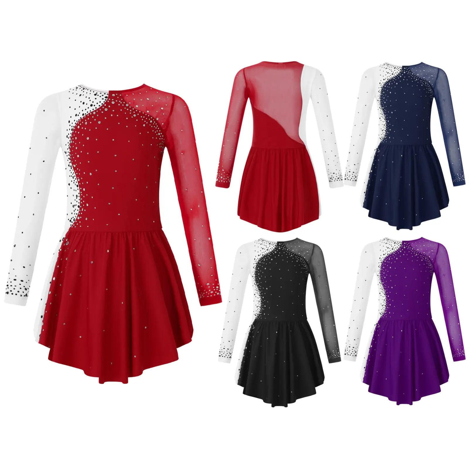 Kids Girls Round Neckline Shiny Rhinestone Decorated Patchwork Contrast Skating Dance Dress Cheer Uniforms Colorblock Ruched Leggings