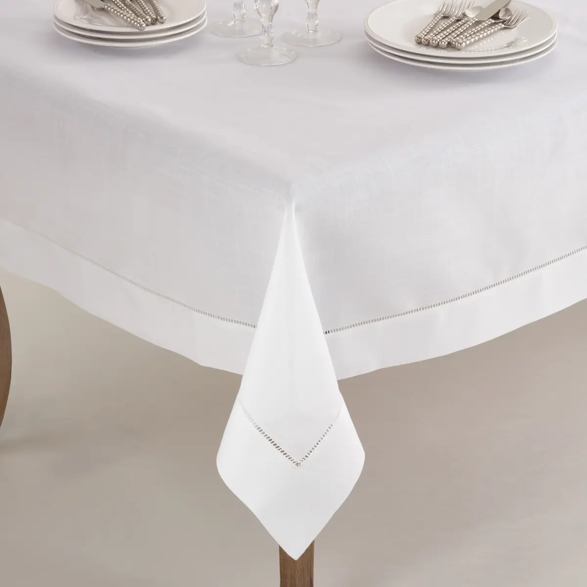 SARO 60 in. 1-Piece Square Shape Tablecloth, White Classic Border, Hemstitched Edge, Kitchen Linens for Table Setting Decor, One-Piece