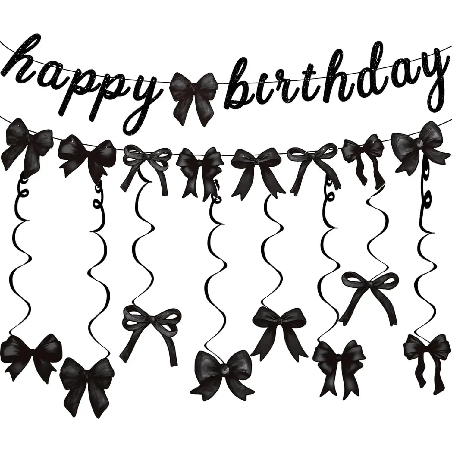 XY-OMT06 Black Print Paper Bows & Letters Party Decor Set - Happy Birthday Banner Garland, Hangable Swirls, Chic Elegant Supplies for Girl Coquette Baby Shower