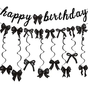 Black Bow Happy Birthday Banner Garland and Hanging Swirls for Girl Black Bow  Birthday Party Decorations