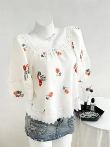 Square Neck Lace Embroidery Floral Shirt, Elegant Flower Print, Hollow Out Trim, Loose Fit, Perfect for Daily Wear and Travel