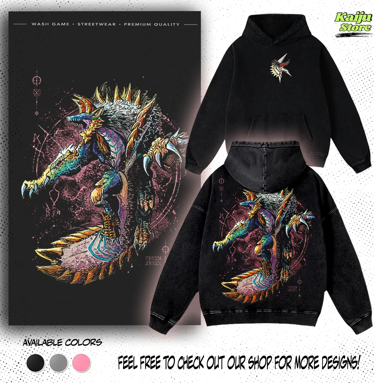 Monster Hunter Zinogre Graphic Hoodie | T-Shirt  , Capcom Action RPG Fantasy Dragon Video Game Streetwear Apparel, Casual Streetwear Apparel, Soft Unisex Top, Vintage Washed Cotton, Y2k Casual Fashion, Top Men's and Women's Clothing, Fans Outfit