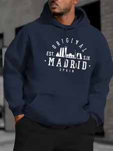 Madrid Spain Print Fleece Hoodie, Winter Warm Graphic Sweatshirt, Drawstring & Kangaroo Pocket, Fashionable Men's Hooded Pullover Gift