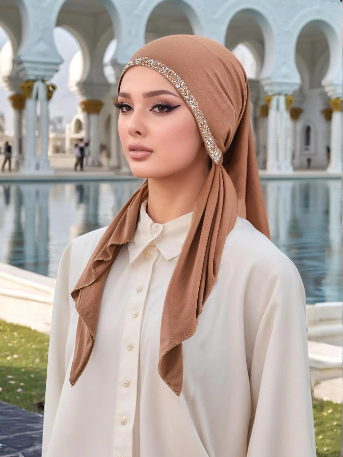 Women's Solid Color Rhinestone Decor Instant Hijab, Modesty Hijab, Casual Breathable Muslim Hijab for Daily Wear, Muslim Headscarf Cover, Elegant Fashion Muslim Accessories for Women