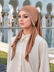 Women's Solid Color Rhinestone Decor Instant Hijab, Casual Breathable Muslim Hijab for Daily Wear, Elegant Fashion Muslim Accessories for Women