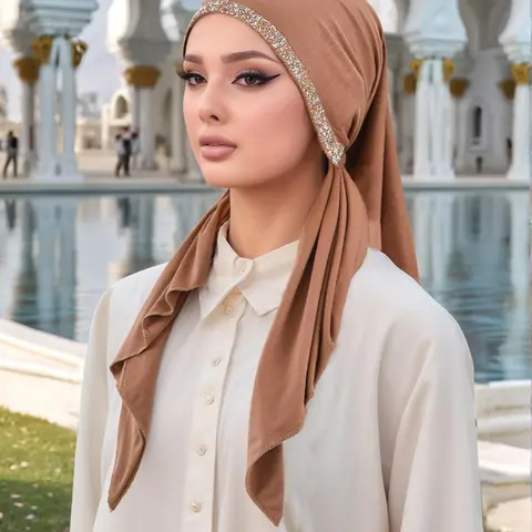 Women's Solid Color Rhinestone Decor Instant Hijab, Modesty Hijab, Casual Breathable Muslim Hijab for Daily Wear, Muslim Headscarf Cover, Elegant Fashion Muslim Accessories for Women