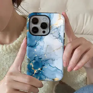 This durable, shock-absorbing, glossy 2-in-1 phone case features a blue and white marble design and is compatible with iPhone 17, 16, 15, 14, 13, 12, 11, X, and Samsung models. It makes a great holiday gift for friends or family.