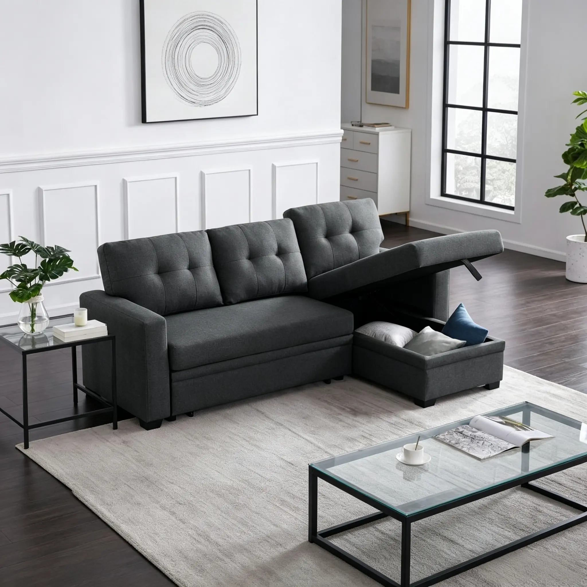 82" Linen Pull-Out Sectional Sofa Bed with Storage Chaise, Convertible L-Shaped Sleeper Couch with Removable Back Cushions for Small Living Room