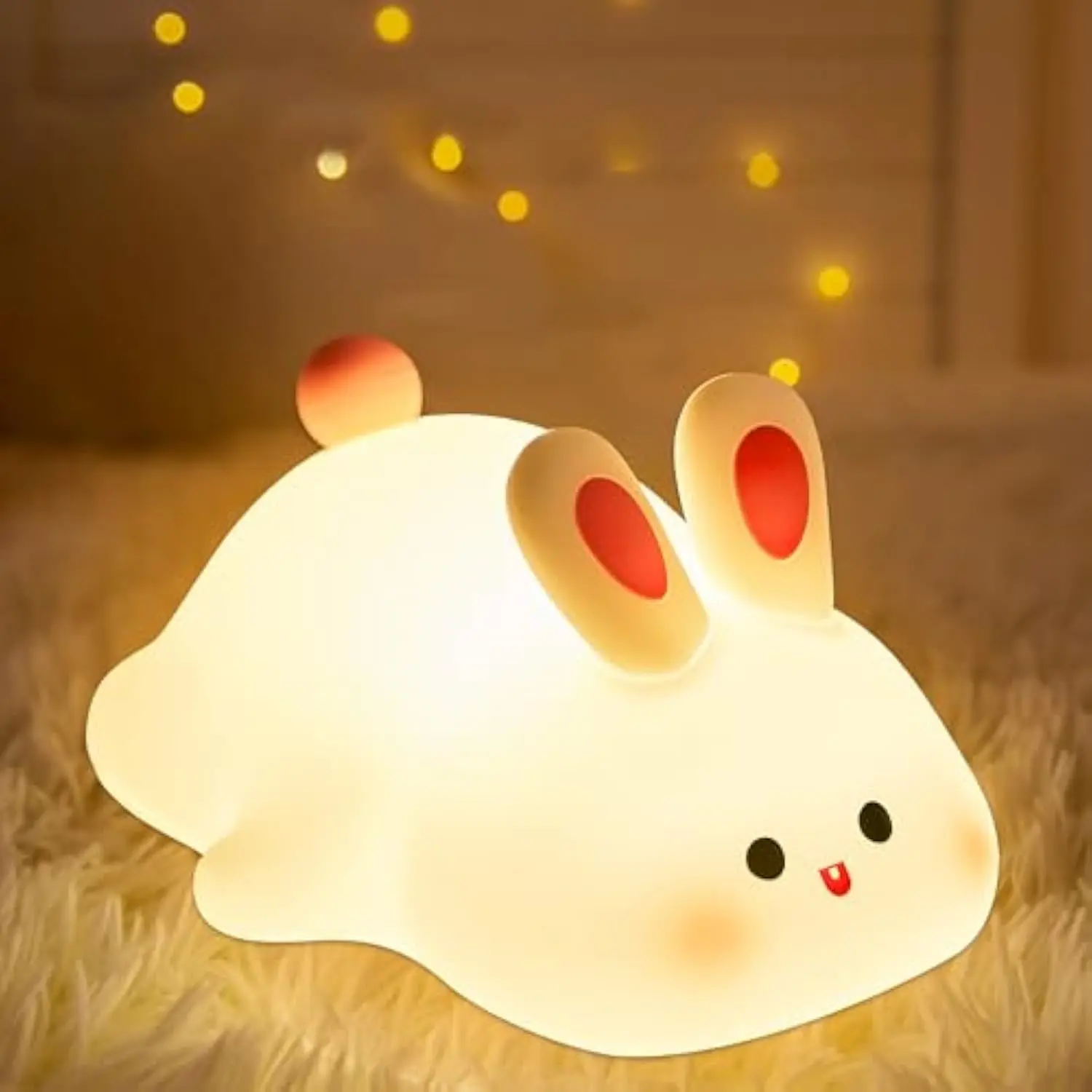 OkiyiD Kawaii Big Face Bunny Silicone LED Nightlight - Dimmable Warm White, Rechargeable Portable USB-Charging, Desk Nightlight for Bedroom, Room Decor, Easter Gifts