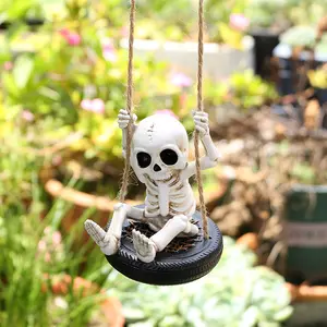 Halloween Ornament Resin Tire‑Skull Swing Hanging Decor for Outdoor Courtyards, Balconies and Big Trees