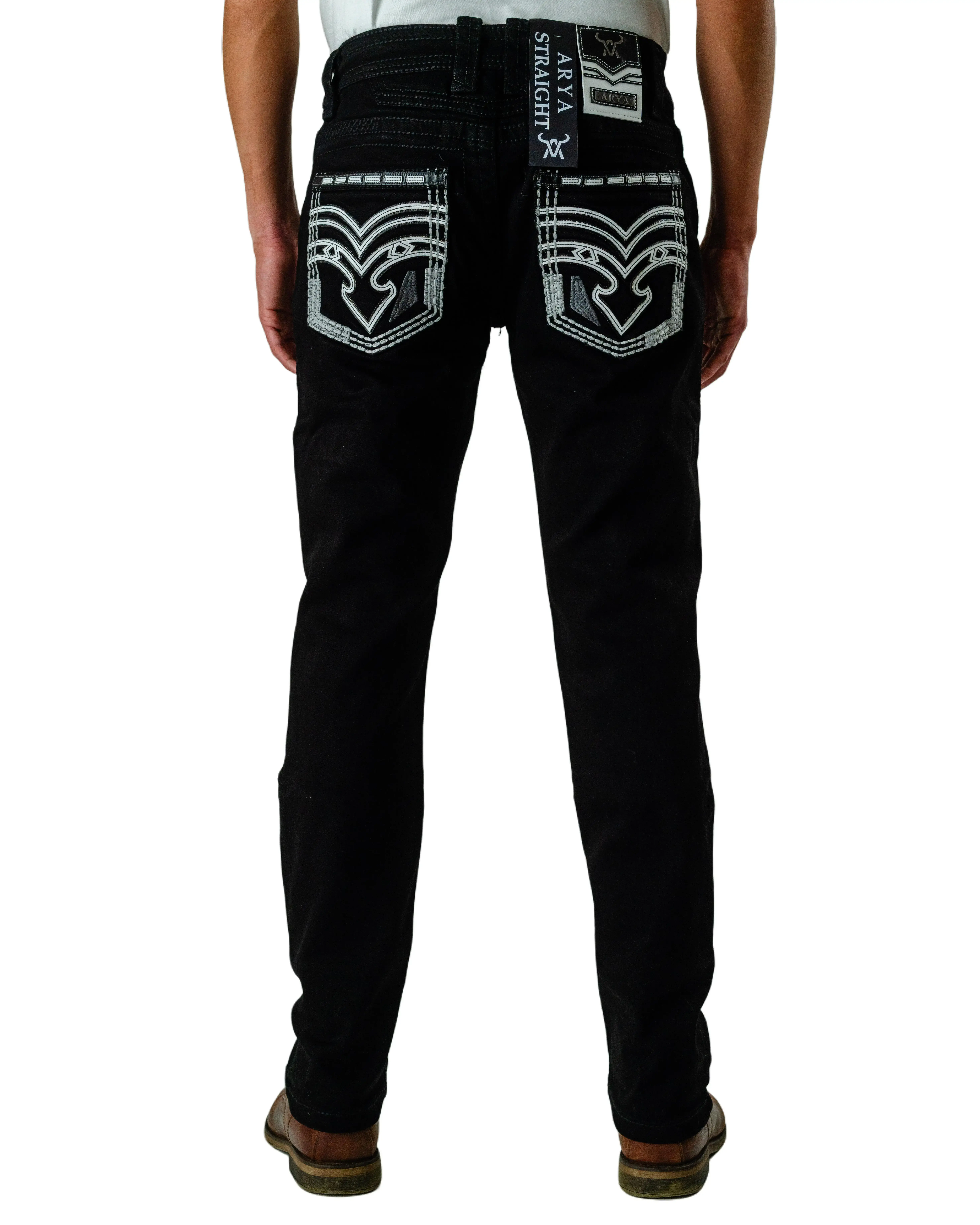 Arya 10 Menswear Men's Straight-Fit Heavyweight Stretch Denim Western Bull Jeans - Bold Pocket Embroidery, Casual Comfy Jeans for Rodeo Outfit Inspo, Western Elegance Casual Wear