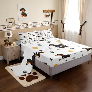 Cute Dachshund Dog Bed Sheet Set Ball Bones Paw Print Fitted Sheet + 1 Flat + 1 Pillow Sham,House Pet Animal Themed Bed Mattress Cover for Kids Boys Xmas Gift,Ultra Soft
