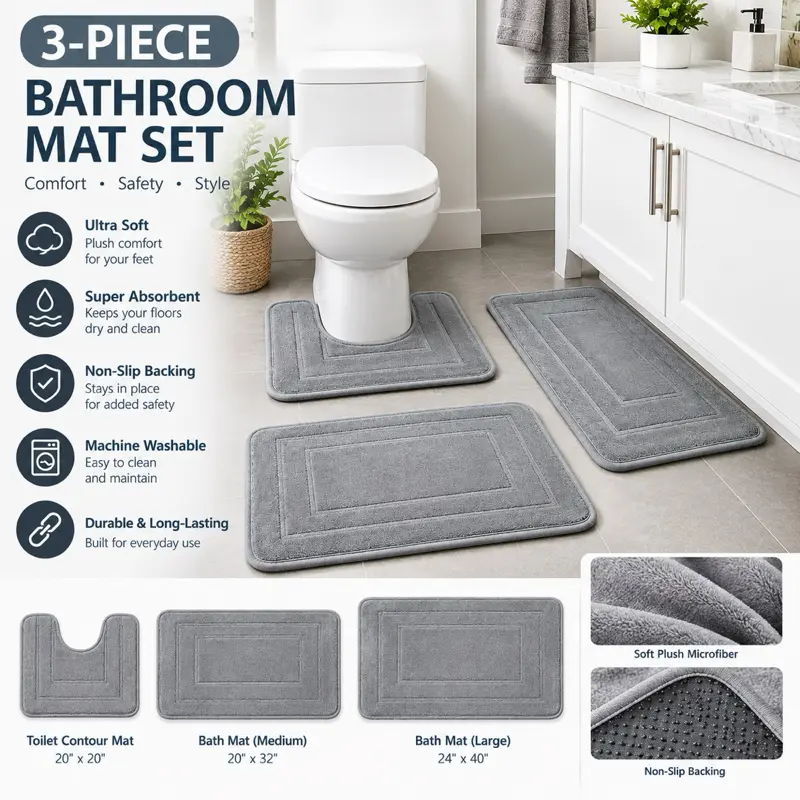 3-Piece Bathroom Mat Set Ultra Soft Super Absorbent Non-Slip Backing Machine Washable Durable Long-Lasting Soft Plush Microfiber