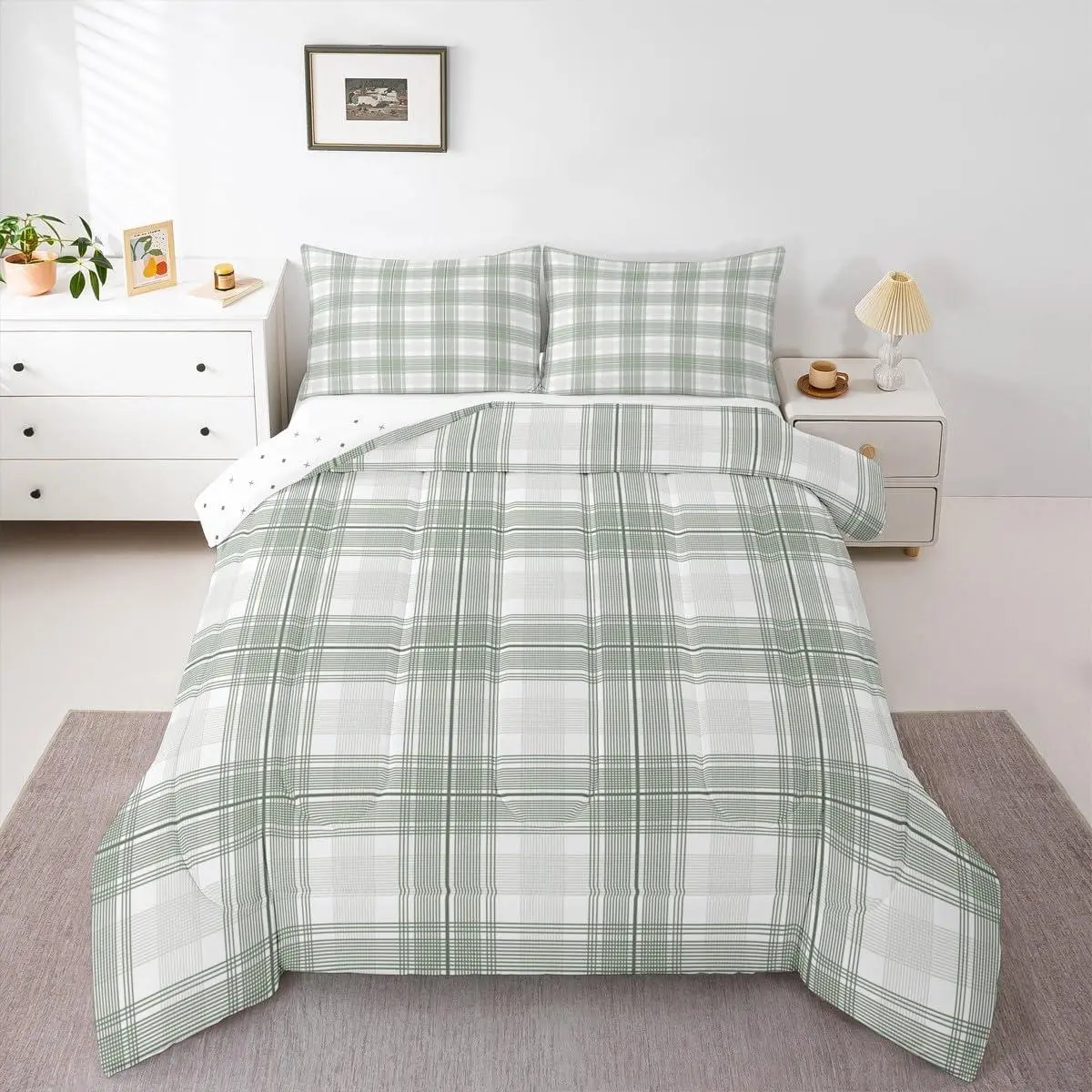Green White Plaid Comforter Set Checkered Geometric Bedding Set Vintage Aesthetic Duvet Quilt Modern Bedroom Decor Microfiber