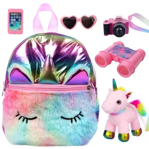 DEARBEI 10 inch baby doll, children's backpack with doll accessories, unicorn doll, telescope, camera, sunglasses, phone accessories, Valentine's Day gift, Christmas gift