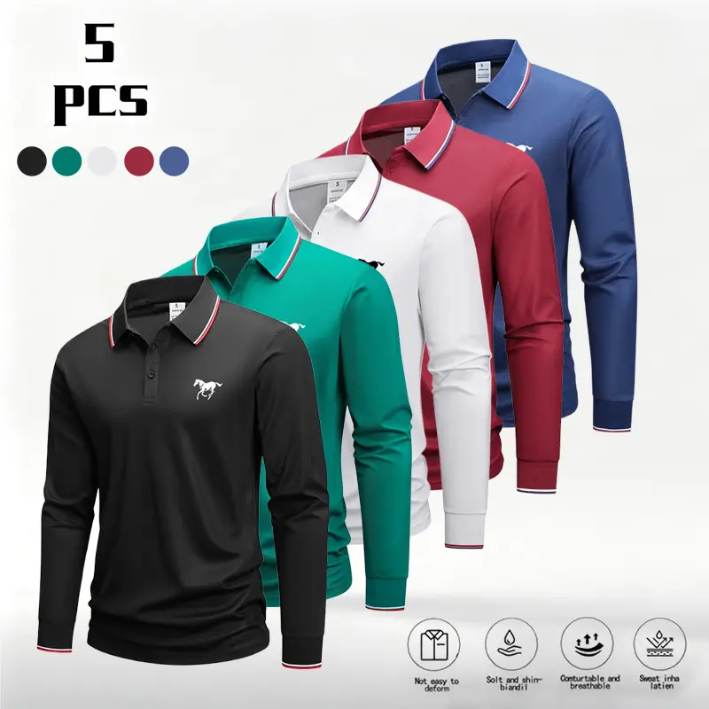 5-Pack Men’s Fashion Sports Long Sleeve T-Shirts – Casual athletic polo shirts, 100% polyester, turn-down collar, printed design – perfect for spring and autumn, ideal for everyday wear and sports