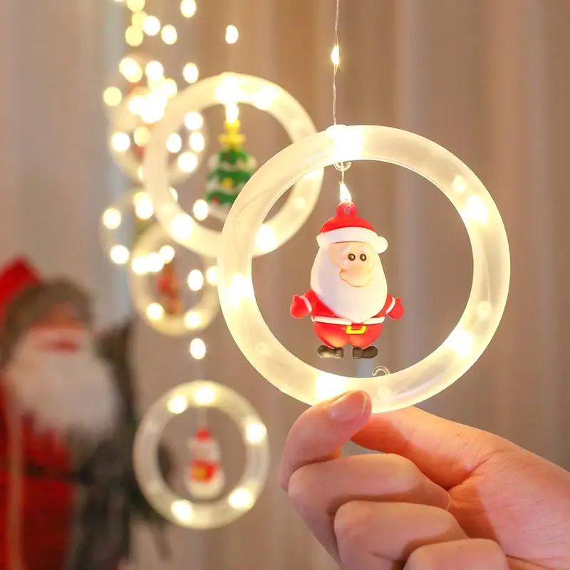 Christmas Window Curtain String Lights with Hanging Ornaments, Santa Reindeer Snowman LED Ring Fairy Lights, Indoor Home Xmas Tree Wall Window Holiday Decoration Lights