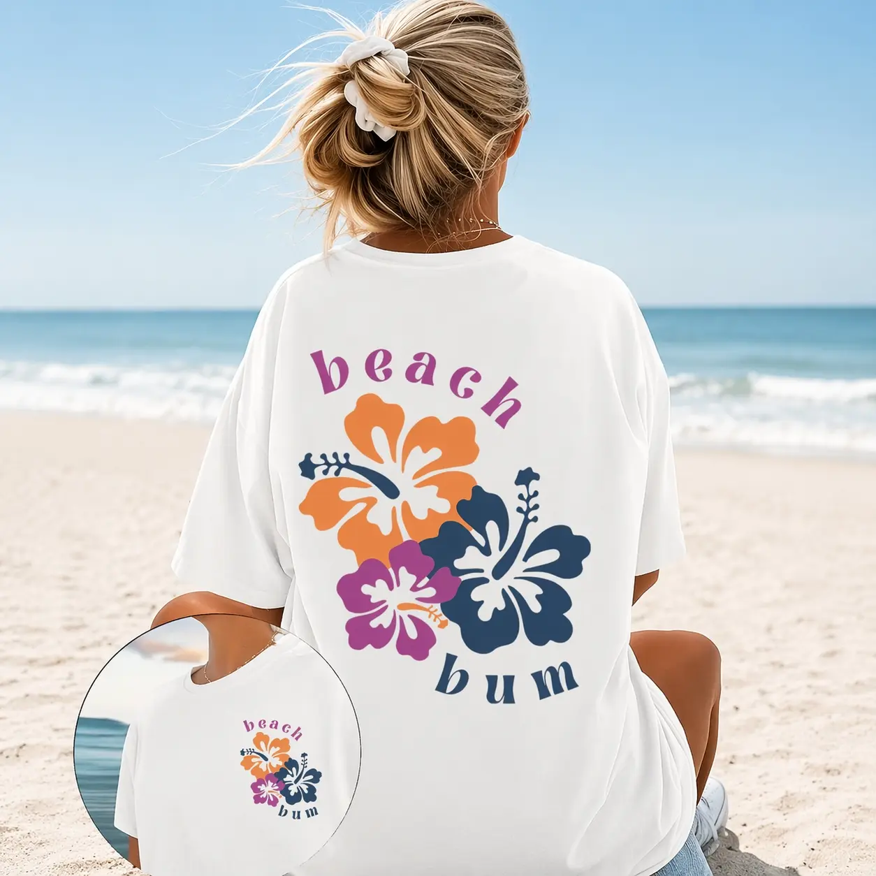Women's T-Shirt, Oversized Hibiscus Flower Graphic Top with Round Neck, 100% Cotton Casual Baggy Streetwear Tee, Flowers, Fabric, Wedding, Thanksgiving, Easter, Valentines Day, Digital Print, Scoop Neck, Flower Print, Short Sleeve