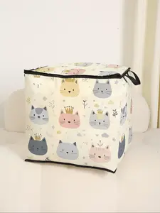 Cartoon Cat Print Blanket Storage Bag, Cute and Practical Kids Bedding Organizer, Durable Material with Easy Carry Handle for Home Use, Foldable Storage Organizer