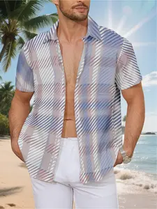 Men's Short-Sleeve Shirt - Flat Digital Print Pattern - No Texture - Pink Blue and Pink Checkered Pattern, Fashionable and Simple Short Sleeve, Buttoned, Casual Collar Shirt, Stylish and Versatile, Suitable for Dates, Beach Vacations, Perfect Valentine's