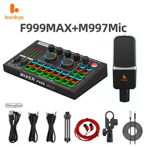 Bonkyo F999Max Podcast Equipment Bundle with Mic DJ Mixer Effects & Voice Changer Sound Card Audio Mixer Condenser USB Microphone Recording Studio Package for Gaming Podcast Recording Vocal Game Voice YouTube Desk Clamp